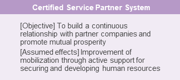 Certified Service Partner System:[Objective] To build a continuous relationship with partner companies and promote mutual prosperity [Assumed effects] Improvement of mobilization through active support for securing and developing human resources