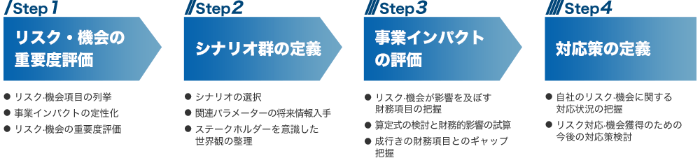 STEP1 リスク·機会の重要度評価：リスク·機会項目の列挙、事業インパクトの定性化、リスク·機会の重要度評価 STEP2 シナリオ群の定義：シナリオの選択、関連パラメーターの将来情報入手、ステークホルダーを意識した世界観の整理 STEP3 事業インパクトの評価：リスク·機会が影響を及ぼす財務項目の把握、算定式の検討と財務的影響の試算、成行きの財務項目とのギャップ把握 STEP4 対応策の定義：自社のリスク·機会に関する対応状況の把握、リスク対応·機会獲得のための今後の対応策検討